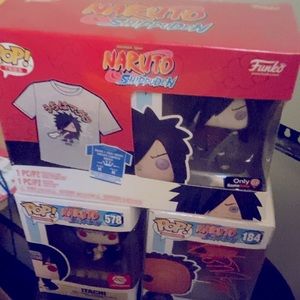 A signed funko pop Tobi that includes a Itachi and Gamestop Madara with T-Shirt